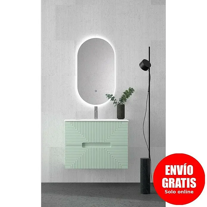Duplach Mueble bajo de lavabo Teram - L x An x Al: 45 x 80 x 60 cm, Menta - Elegante conjunto de baño con mueble de lavabo verde claro y espejo ovalado con iluminación, ideal para baños modernos.