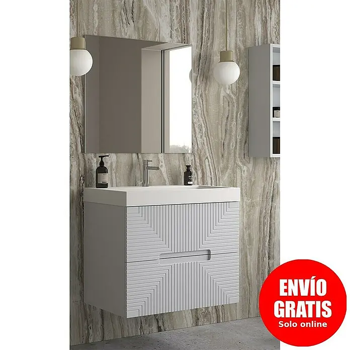 Duplach Mueble bajo de lavabo Teram - L x An x Al: 45 x 60 x 60 cm, Gris - Lavabo de baño moderno con espejo y luces elegantes que muestran un elegante accesorio de baño.