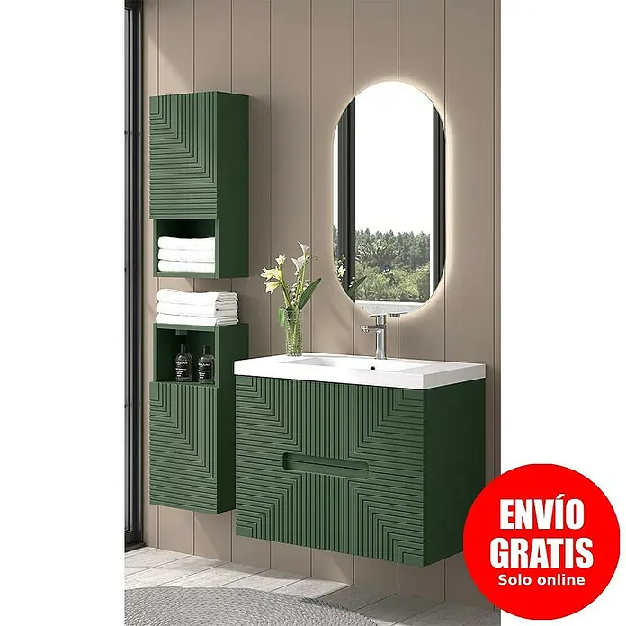 Duplach Mueble bajo de lavabo Teram - L x An x Al: 45 x 60 x 60 cm, Oliva - Moderno conjunto de baño en verde bosque con mueble de lavabo, armario colgante y espejo para un ambiente elegante.