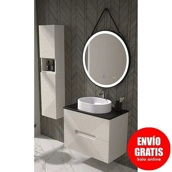 Duplach Mueble bajo de lavabo Teram - L x An x Al: 45 x 60 x 60 cm, Beige - Moderno conjunto de baño con mueble bajo lavabo, armario con espejo y espejo LED. Diseño elegante.