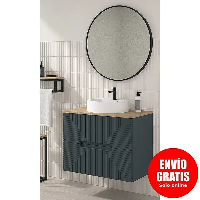 Duplach Mueble bajo de lavabo Teram - L x An x Al: 45 x 80 x 60 cm, Antracita - Un moderno conjunto de tocador de baño con mueble azul oscuro, encimera de madera y espejo redondo.