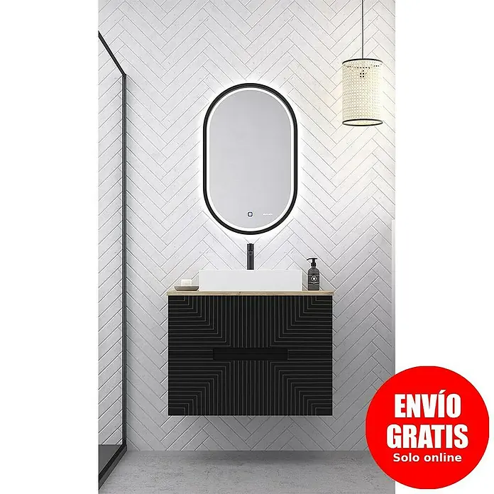 Duplach Mueble bajo de lavabo Teram - L x An x Al: 45 x 60 x 60 cm, Negro - Mueble de baño con diseño moderno: un mueble negro con un estampado llamativo y un espejo ovalado con iluminación LED.