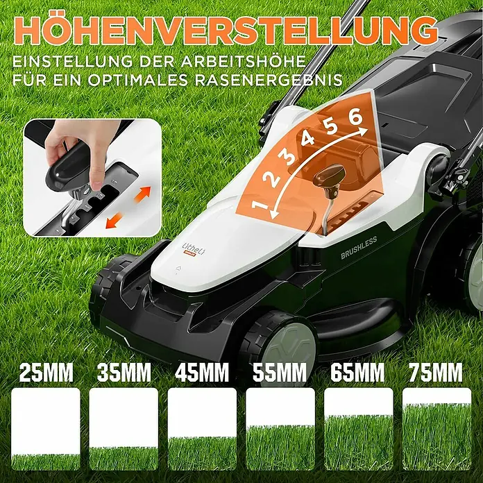 Litheli U20 Akku-Rasenmäher - 20 V, 2 Akkus, 4 Ah, Schnittbreite: 37 cm - Die Höhenverstellung des Rasenmähers ermöglicht präzises Mähen. Unterschiedliche Schnitthöhen für ein optimales Rasenergebnis.