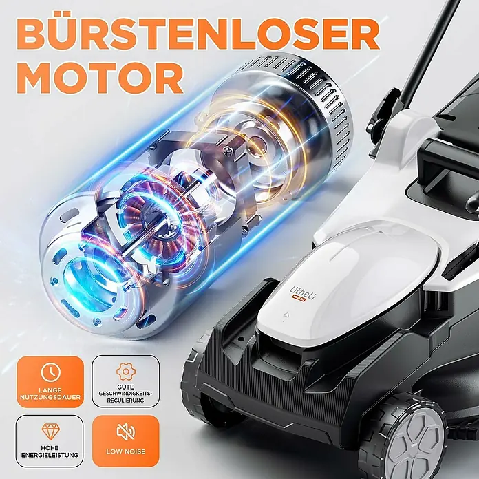 Litheli U20 Akku-Rasenmäher - 20 V, 2 Akkus, 4 Ah, Schnittbreite: 37 cm - Bild einer Uthelli Rasenmähers mit bürstenlosem Motor, der für lange Nutzungsdauer, gute Geschwindigkeitsregulierung, hohe Energieleistung und wenig Lärm sorgt.