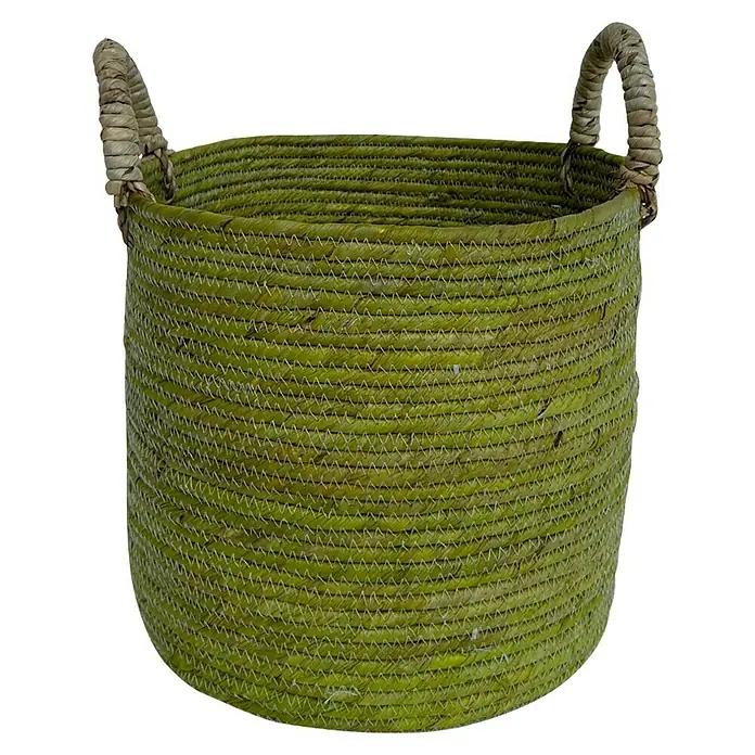 Korb Batna - Ø x H: 24 x 29 cm, Limette - Nahaufnahme eines grünen Korbs mit Griffen, handgefertigt und ideal für die Aufbewahrung im Haus.