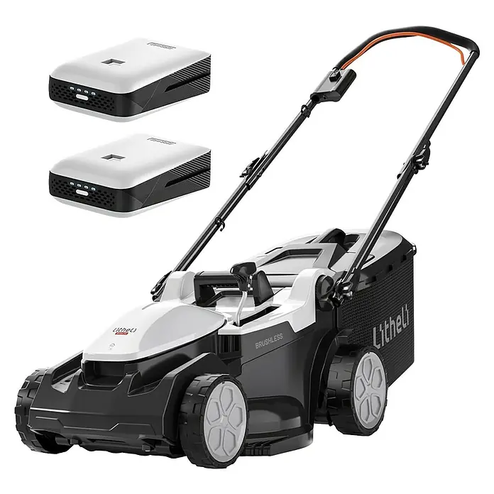 Litheli U20 Akku-Rasenmäher - 20 V, 2 Akkus, 4 Ah, Schnittbreite: 37 cm - Abbildung eines Litheli Akku-Rasenmähers mit zwei Akkus. Der Rasenmäher ist in Schwarz und Weiß gehalten und verfügt über einen orangefarbenen Griff.