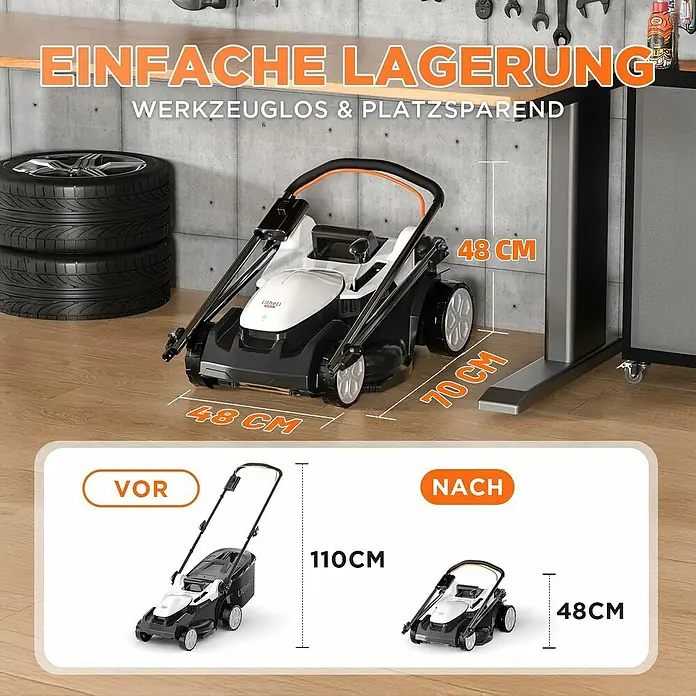 Litheli U20 Akku-Rasenmäher - 20 V, 2 Akkus, 4 Ah, Schnittbreite: 37 cm - Bild einer Rasenmähers mit den Maßen vor und nach dem Zusammenklappen für einfache Lagerung, mit dem Text "Einfache Lagerung, Werkzeuglos & Platzsparend".