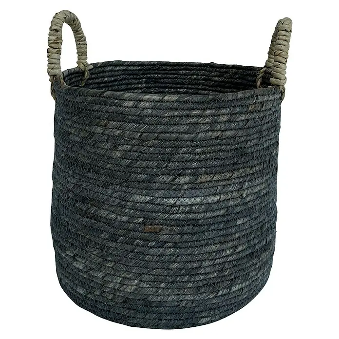 Korb Batna - Ø x H: 33 x 38 cm, Dunkelgrau - Großaufnahme eines runden, dunklen Korbs mit zwei Griffen, ideal zur Aufbewahrung und Dekoration im Wohnbereich.