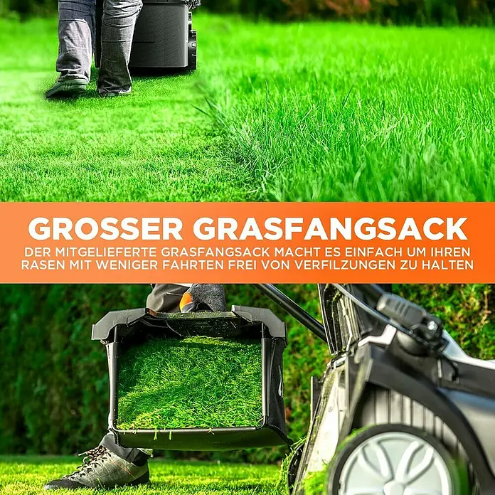 Litheli U20 Akku-Rasenmäher - 20 V, 2 Akkus, 4 Ah, Schnittbreite: 37 cm - Ein Rasenmäher mit einem großen Grasfangsack, der das Rasenmähen erleichtert und weniger Fahrten erfordert, um den Rasen sauber zu halten.