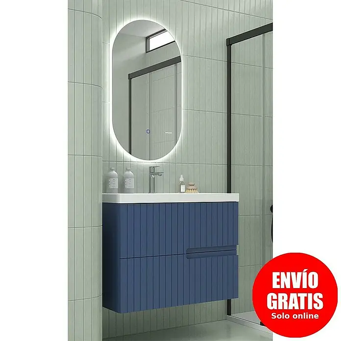 Duplach Mueble bajo de lavabo Abi - L x An x Al: 45 x 80 x 60 cm, Oceano - Un moderno mueble de baño azul con lavabo y espejo iluminado cuelga de una pared alicatada verde menta.