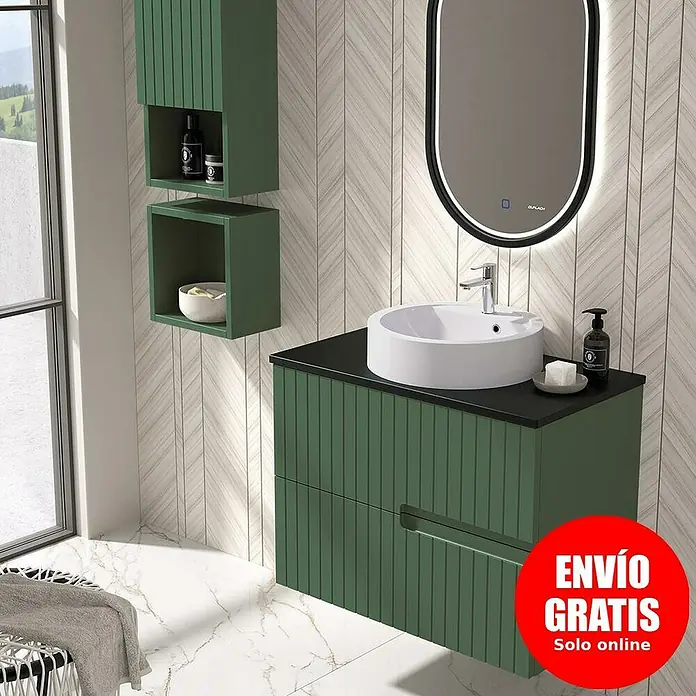 Duplach Mueble bajo de lavabo Abi - L x An x Al: 45 x 60 x 60 cm, Oliva - Elegante conjunto de baño con mueble de lavabo verde, lavabo sobre encimera y armarios de pared a juego. El espejo iluminado completa el diseño moderno.