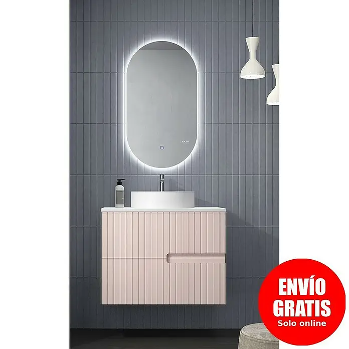 Duplach Mueble bajo de lavabo Abi - L x An x Al: 45 x 60 x 60 cm, Rosa - Un moderno tocador de baño con un gabinete rosa pastel y espejo iluminado contra una pared de azulejos grises.