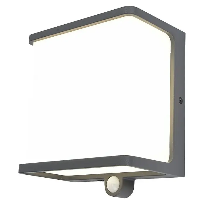 Lutec Doblo Aplique solar para exterior Flat - 12 W, L x An x Al: 15 x 8,9 x 17 cm, Antracita, IP44, 1.000 lm - Un primer plano muestra una luz exterior moderna en forma de cubo con un sensor de movimiento y un acabado gris, que emite una iluminación brillante y difusa.
