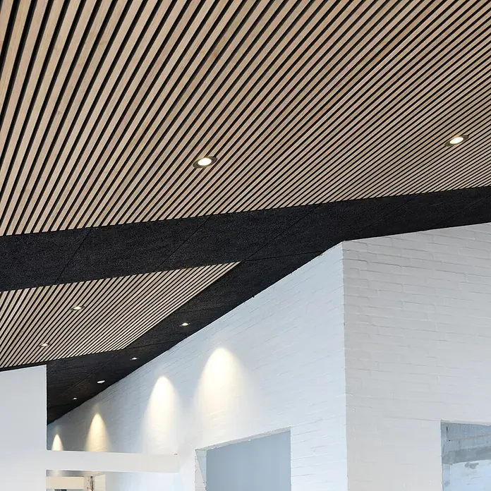 FibroTech Akustikpaneel Signature Proff - Light Oak, L x B x S: 3.000 x 605 x 22 mm - Holzlamellendecke mit schwarzem Akustikpaneel und integrierten Strahlern, die ein modernes und stilvolles Raumdesign bieten.