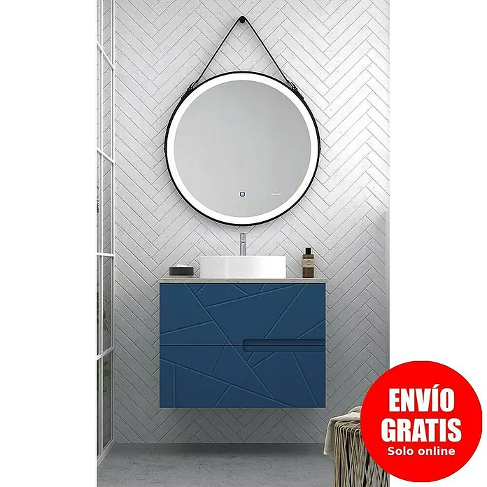 Duplach Mueble bajo de lavabo Gurla - L x An x Al: 45 x 60 x 60 cm, Oceano - Elegante lavabo de baño con mueble azul y espejo redondo para diseños de baño modernos.