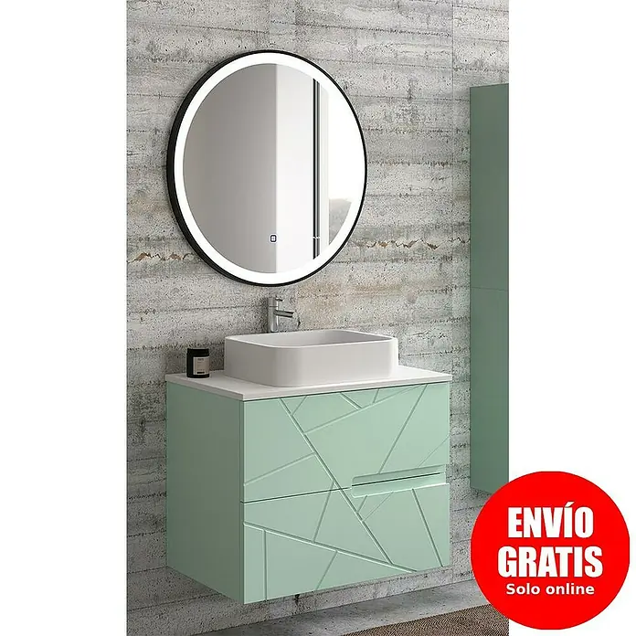 Duplach Mueble bajo de lavabo Gurla - L x An x Al: 45 x 100 x 60 cm, Menta - Mueble de baño moderno con diseño geométrico y espejo LED redondo. Elegante y funcional.