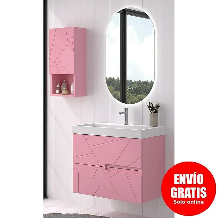 Duplach Mueble bajo de lavabo Gurla - L x An x Al: 45 x 60 x 60 cm, Rosa - Conjunto de baño rosa con lavabo, espejo y armario. El diseño geométrico añade un toque elegante a cualquier baño moderno.