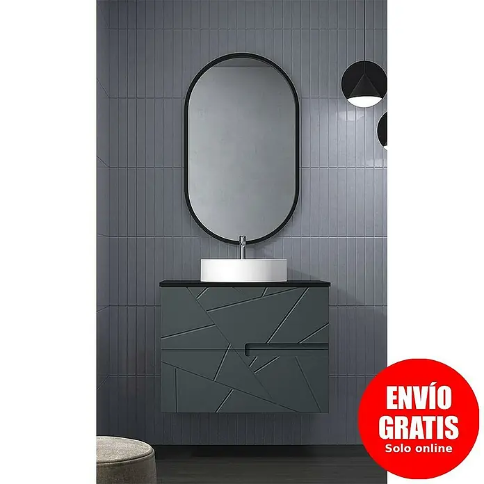 Duplach Mueble bajo de lavabo Gurla - L x An x Al: 45 x 80 x 60 cm, Antracita - Moderno conjunto de baño con lavabo, mueble con diseño geométrico y espejo ovalado, ideal para baños con estilo.