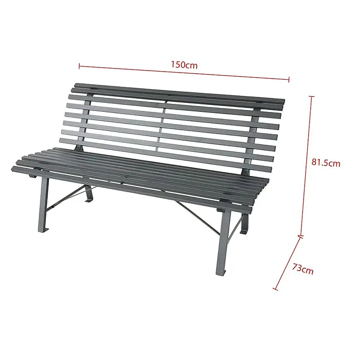 Banco de jardín Central Park - An x Pr x Al: 150 x 73 x 82 cm, Acero, Gris - La imagen muestra un banco de parque metálico gris con dimensiones de 150 cm de largo, 81,5 cm de alto y una altura de asiento de 73 cm.