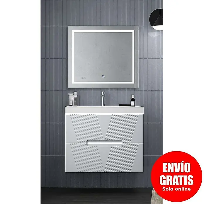 Duplach Mueble bajo de lavabo Istor - L x An x Al: 45 x 100 x 60 cm, Gris - Moderno baño con mueble de lavabo blanco con diseño geométrico y espejo iluminado.