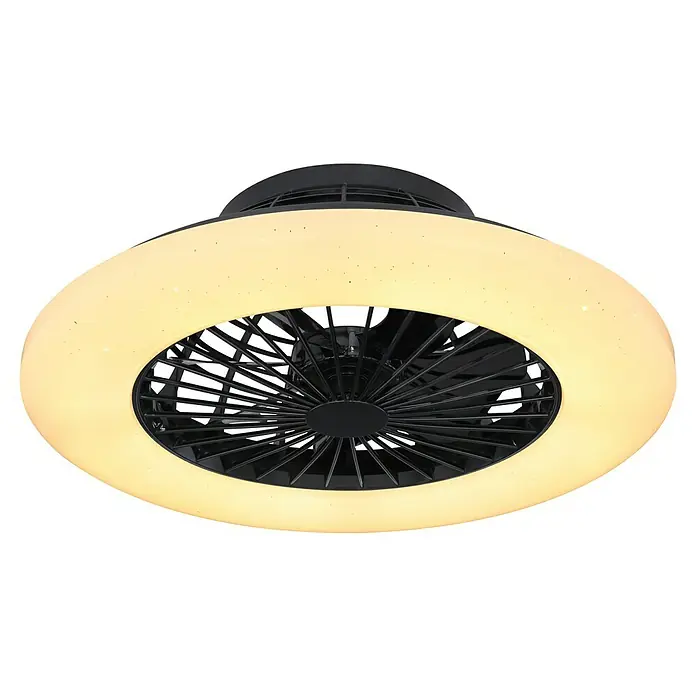 Globo Deckenventilator Travo - 30 W, Durchmesser: 50 cm - Deckenventilator mit Beleuchtung. Der Ventilator hat ein modernes Design mit einem runden LED-Licht und schwarzen Rotorblättern.