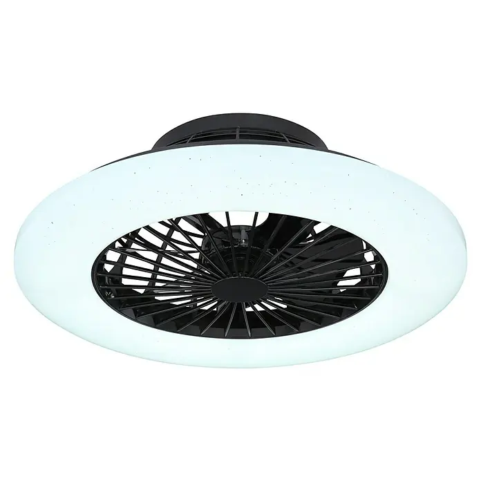 Globo Deckenventilator Travo - 30 W, Durchmesser: 50 cm - Nahaufnahme eines runden Deckenventilators mit LED-Beleuchtung und schwarzen Lüfterblättern vor einem schwarzen Hintergrund.