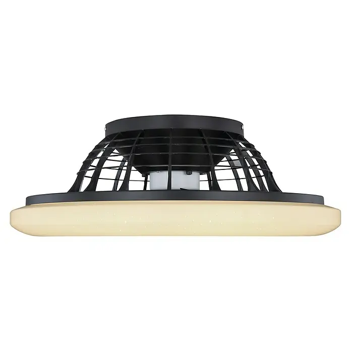 Globo Deckenventilator Travo - 30 W, Durchmesser: 50 cm - Nahaufnahme einer schwarzen Deckenleuchte mit cremefarbenem, schimmerndem Diffusor und Käfigdesign.