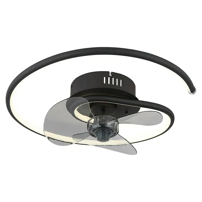 Globo Ventilador de techo Koren - 30 W, Diámetro: 45 cm, Negro mate - La lámpara de techo cuenta con un ventilador integrado con aspas transparentes y una elegante lámpara LED curvada.