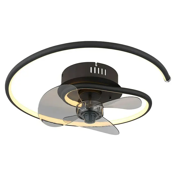 Globo Deckenventilator Koren - 30 W, Durchmesser: 45 cm - Nahaufnahme eines modernen Deckenventilators mit integrierter LED-Beleuchtung und transparenten Rotorblättern.