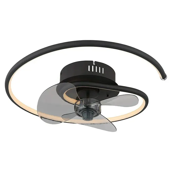Globo Ventilador de techo Koren - 30 W, Diámetro: 45 cm, Negro mate - Primer plano de un ventilador de techo moderno con iluminación LED integrada, ideal para un diseño de habitación elegante.