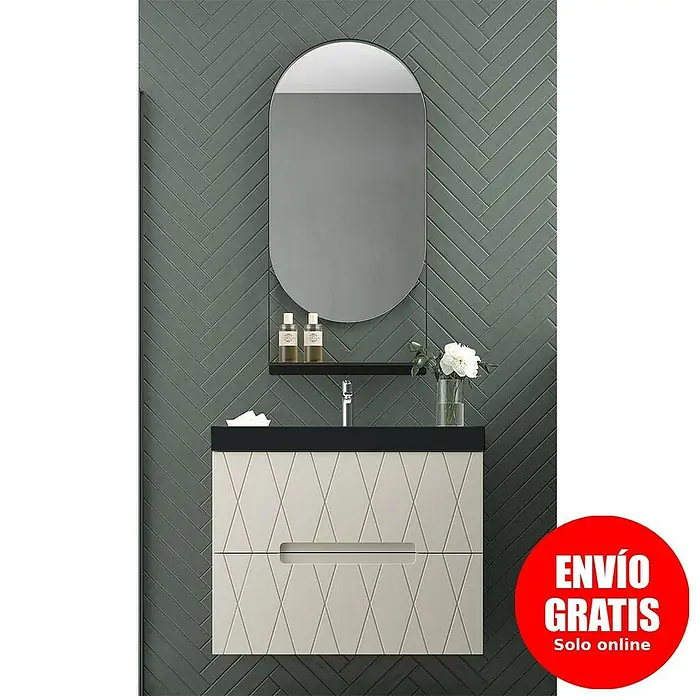 Duplach Mueble bajo de lavabo Nanda - L x An x Al: 45 x 80 x 60 cm, Beige - Elegante conjunto de baño con espejo ovalado, mueble de lavabo y diseño estiloso para un ambiente moderno.