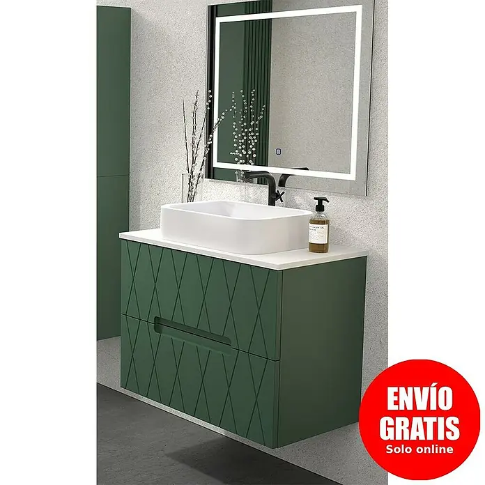 Duplach Mueble bajo de lavabo Nanda - L x An x Al: 45 x 80 x 60 cm, Oliva - Mueble de baño verde con lavabo sobre encimera blanco y espejo iluminado para un diseño moderno.