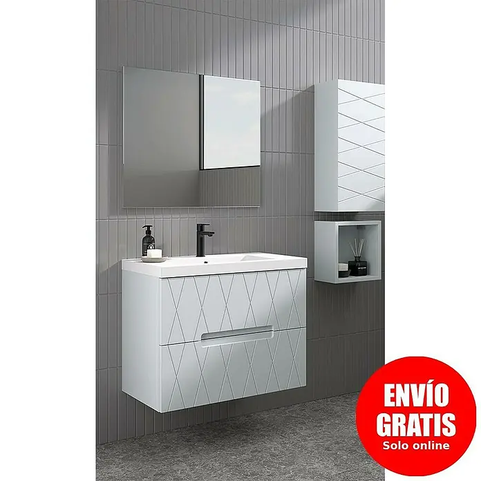 Duplach Mueble bajo de lavabo Nanda - L x An x Al: 45 x 80 x 60 cm, Gris - Lavabo de baño moderno con mueble bajo blanco, espejo y armario colgante para un ambiente de baño elegante.