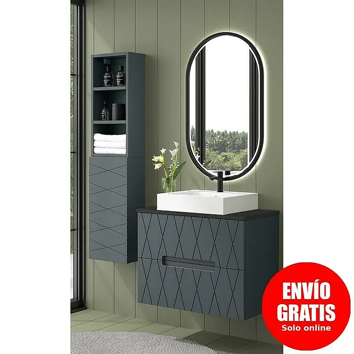 Duplach Mueble bajo de lavabo Nanda - L x An x Al: 45 x 80 x 60 cm, Antracita - Moderno conjunto de baño con mueble lavabo gris, espejo y armario de almacenamiento para un diseño elegante.