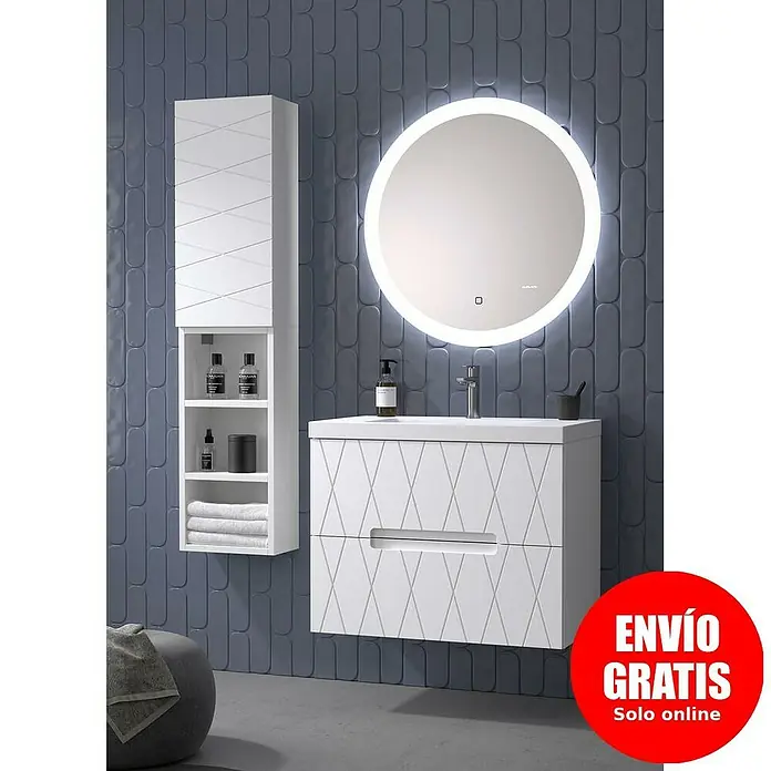 Duplach Mueble bajo de lavabo Nanda - L x An x Al: 45 x 80 x 60 cm, Blanco - Un elegante conjunto de baño con mueble de lavabo blanco, armario con espejo y espejo redondo retroiluminado.
