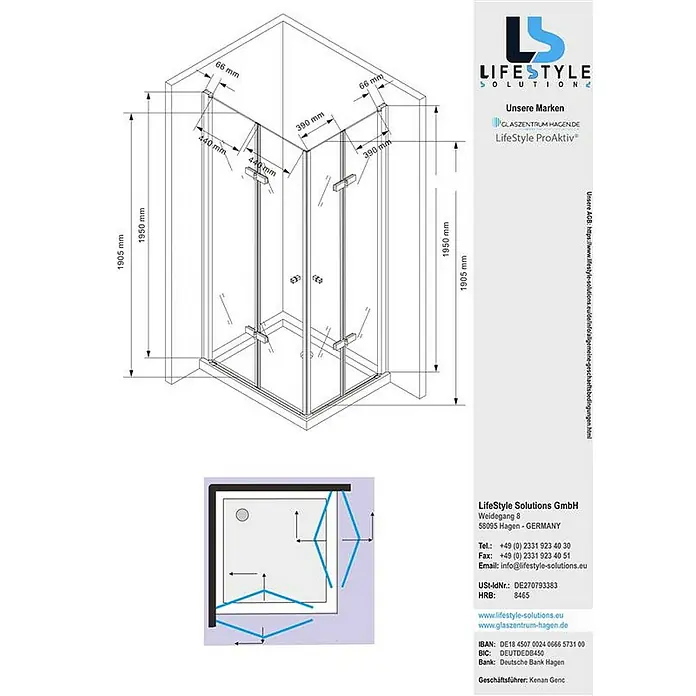Glaszentrum Hagen Eckdusche 100x90x195 cm Hera Eck Duschkabine inkl. Tasse - 90 x 100 x 195 cm, Imprägniert, Farblos, Stärke: 8 mm