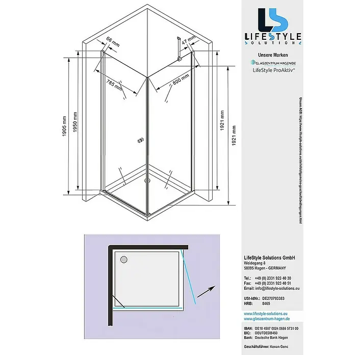 Glaszentrum Hagen Eckdusche 90x90x195 cm Hades Duschkabine inkl. Tasse + Siphon - 90 x 90 x 195 cm, Eloxiert, Transparent, Stärke: 8 mm