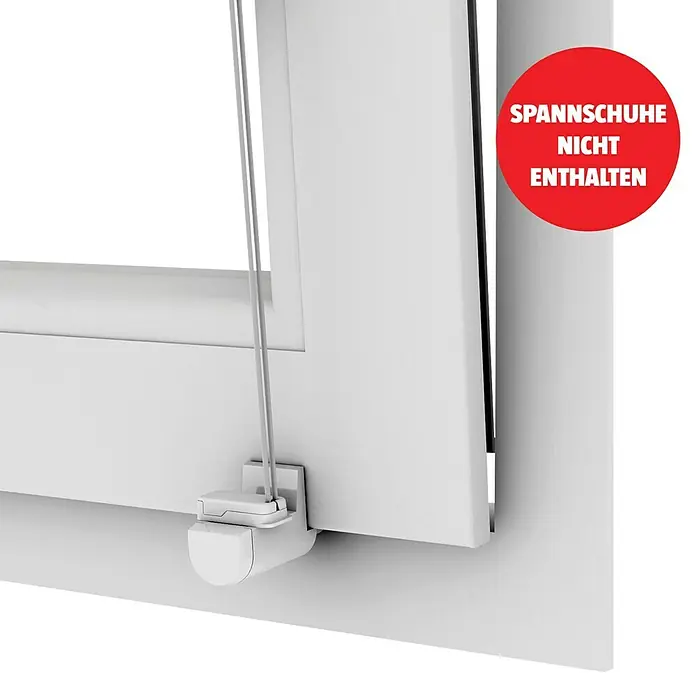 Expo Ambiente Klemmträger - 4 Stk., Geeignet für: Verspannte Plissees, Weiß - Detailansicht einer weißen Jalousie, die an einem Fenster befestigt ist. Die Spannschuhe sind nicht im Lieferumfang enthalten.