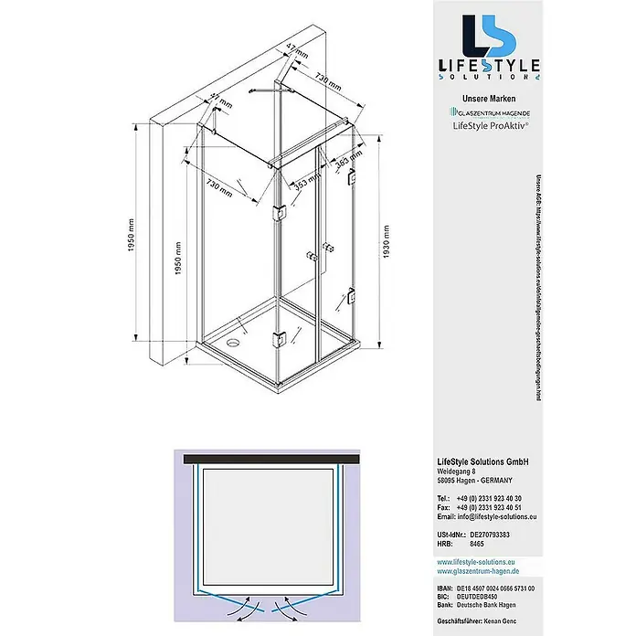 Glaszentrum Hagen U-Duschkabine 80x80x80x195 cm Ares U-Duschkabine inkl. Tasse + Siphon - Eloxiert, Transparent