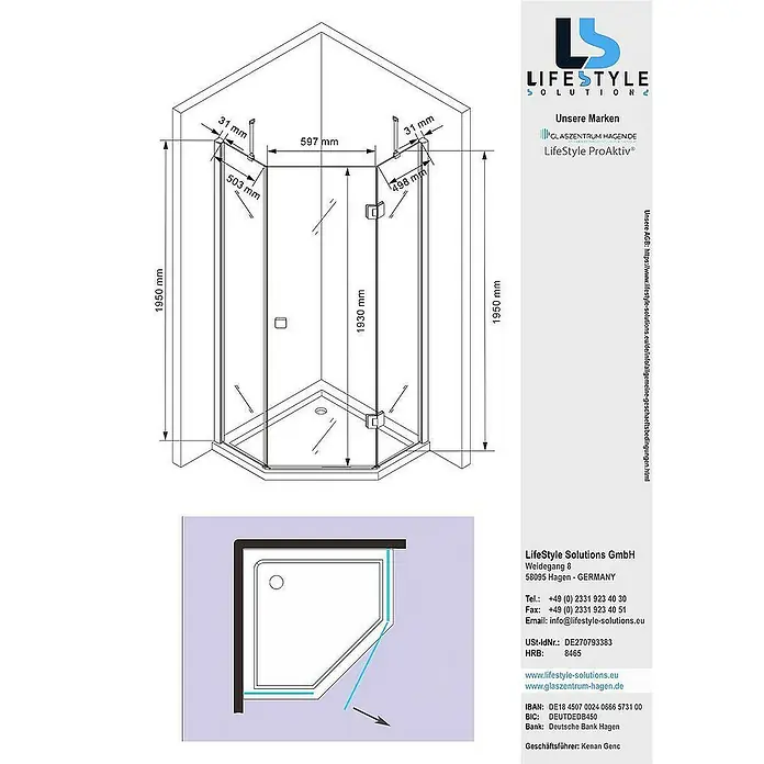 Glaszentrum Hagen Eckdusche 100x100x195 cm Aya 5eck Duschkabine inkl. Tasse + Siphon - 100 x 100 x 195 cm, Eloxiert, Transparent, Stärke: 8 mm