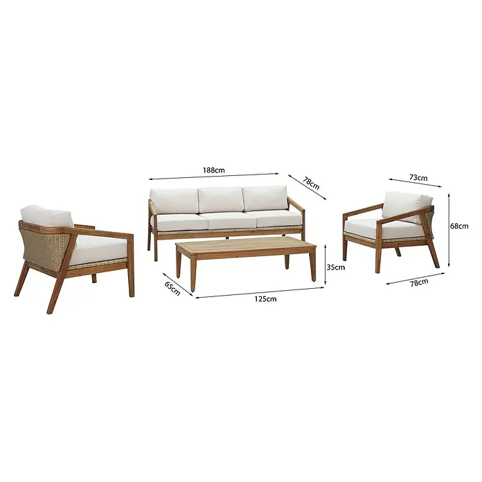 Sunfun Conjunto de muebles Anita - 4 pzs., Madera de acacia, Marrón/Antracita - Imagen de un elegante juego de muebles de patio con un sofá, sillones y una mesa de centro, con dimensiones incluidas para facilitar la planificación del espacio.