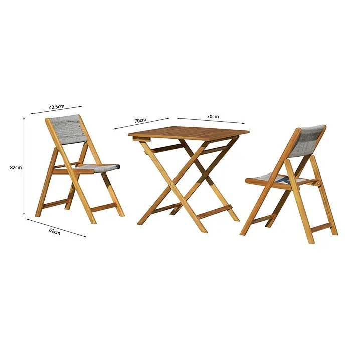 Conjunto de muebles de balcón Santorini - 3 pzs., Madera de acacia/Poliéster, Marrón/Gris - Conjunto de jardín con mesa plegable y sillas de madera de acacia, ideal para balcones o patios pequeños, con dimensiones para fácil almacenamiento.