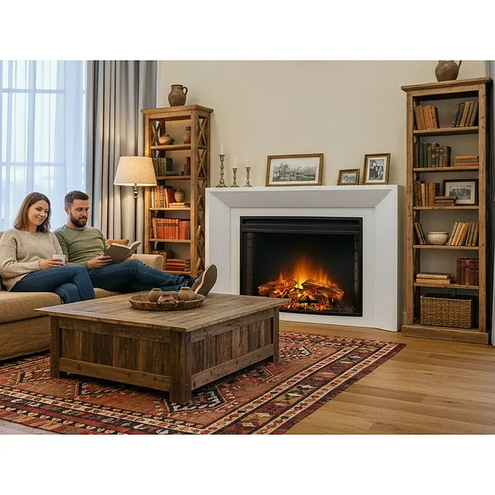 Purline Chimenea eléctrica CHE-630 - Negro, 2.000 W, 25,4 x 76,4 x 60,5 cm - Salón con mesa de centro rústica, chimenea y librerías. La pareja se relaja en el sofá.