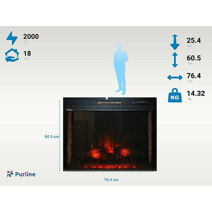 Purline Elektrischer Kamin CHE-630 (2 000 W, Schwarz, 25,4 x 76,4 x 60,5 cm) | BAUHAUS