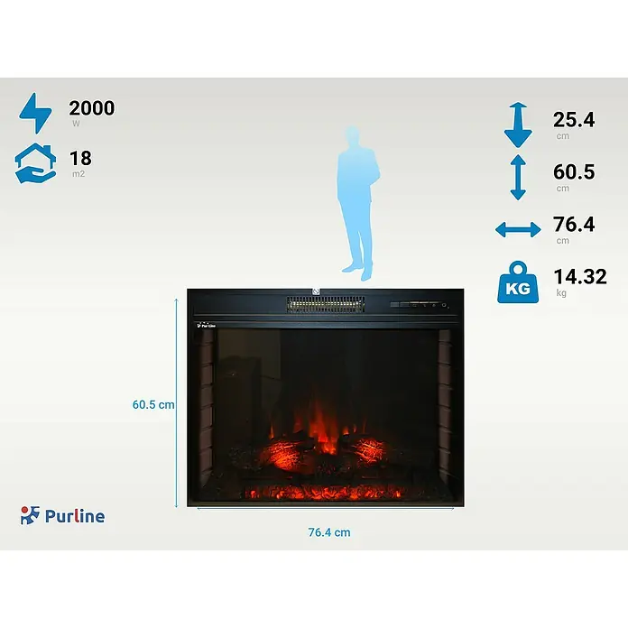 Purline Chimenea eléctrica CHE-630 - Negro, 2.000 W, 25,4 x 76,4 x 60,5 cm - Imagen de una chimenea eléctrica PURLINE, mostrando especificaciones de tamaño y datos técnicos, incluyendo potencia, dimensiones y peso.