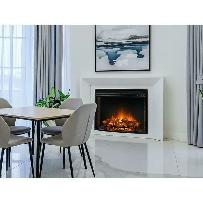 Purline Chimenea eléctrica CHE-630 - Negro, 2.000 W, 25,4 x 76,4 x 60,5 cm - Elegante comedor con chimenea y sillas de color gris claro que crea un ambiente acogedor para reuniones elegantes.