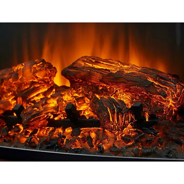 Purline Chimenea eléctrica CHE-630 - Negro, 2.000 W, 25,4 x 76,4 x 60,5 cm - Primer plano de la chimenea eléctrica con troncos incandescentes. Crea un ambiente cálido y acogedor sin fuego real.