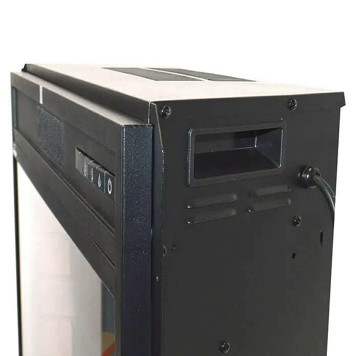 Purline Chimenea eléctrica CHE-630 - Negro, 2.000 W, 25,4 x 76,4 x 60,5 cm - Primer plano de una chimenea eléctrica negra con controles y salidas de aire.