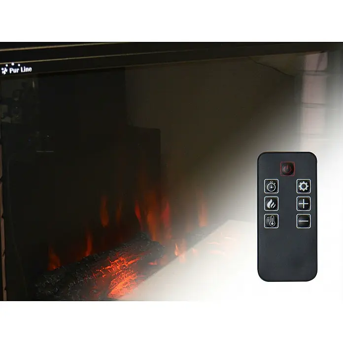 Purline Chimenea eléctrica CHE-630 - Negro, 2.000 W, 25,4 x 76,4 x 60,5 cm - La imagen muestra el mando a distancia para una chimenea eléctrica con varias funciones para controlar la calefacción y el efecto de llama.