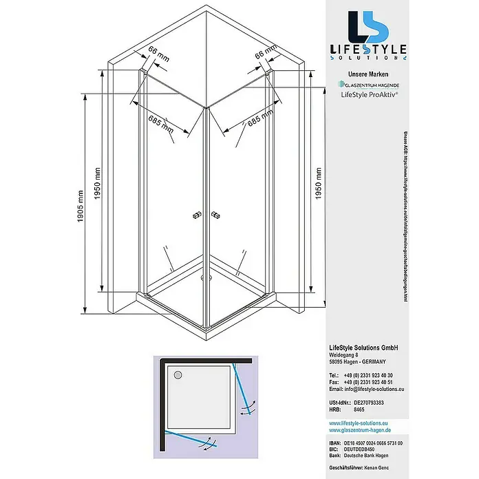 Glaszentrum Hagen Eckdusche 80x80x195 cm Zeus EckDuschkabine inkl. Tasse - 80 x 80 x 195 cm, Imprägniert, Farblos, Stärke: 8 mm